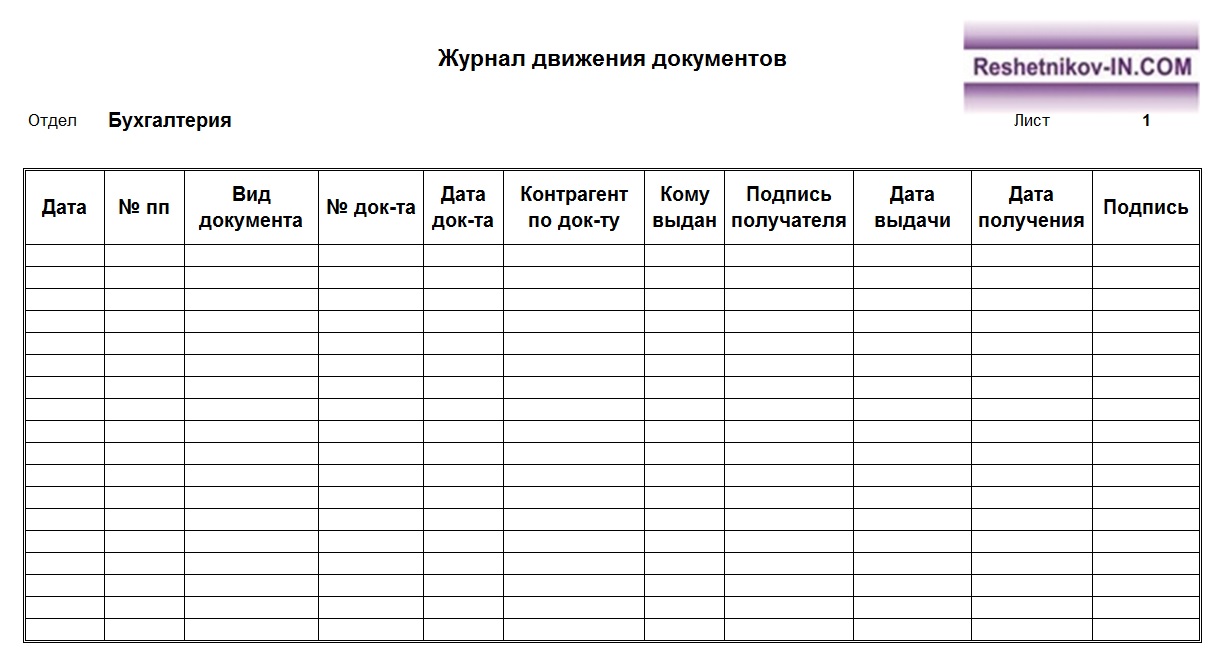 Реестр учета документов образец